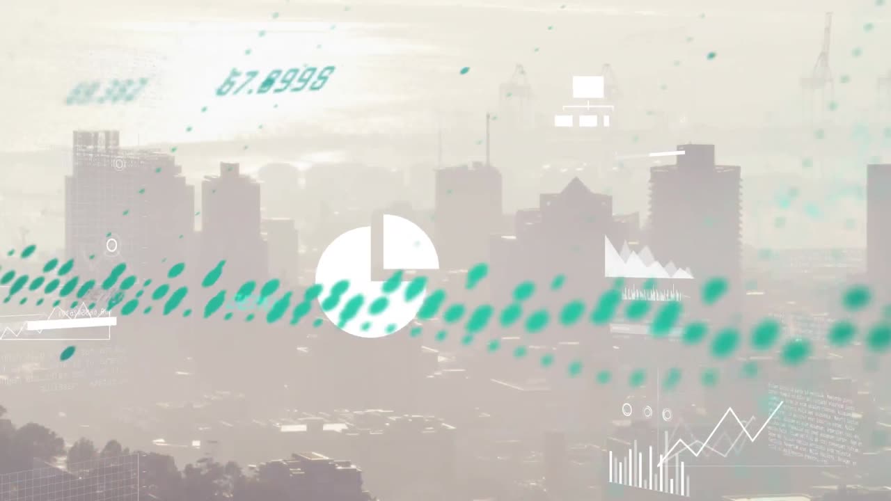 통계 데이터 처리 및 디지털 아이콘의 애니메이션과 도시 풍경의 항공 시각