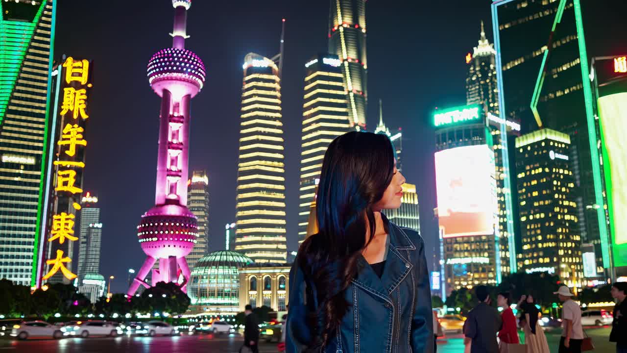 A low-angle video shot of a woman gazing at a vibrant city skyline at night, featuring neon lights