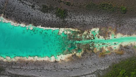 Tropical-River-Rapids-Lagoon,-Los-Rapidos-De-Bacalar-In-Mexico,-Aerial-View