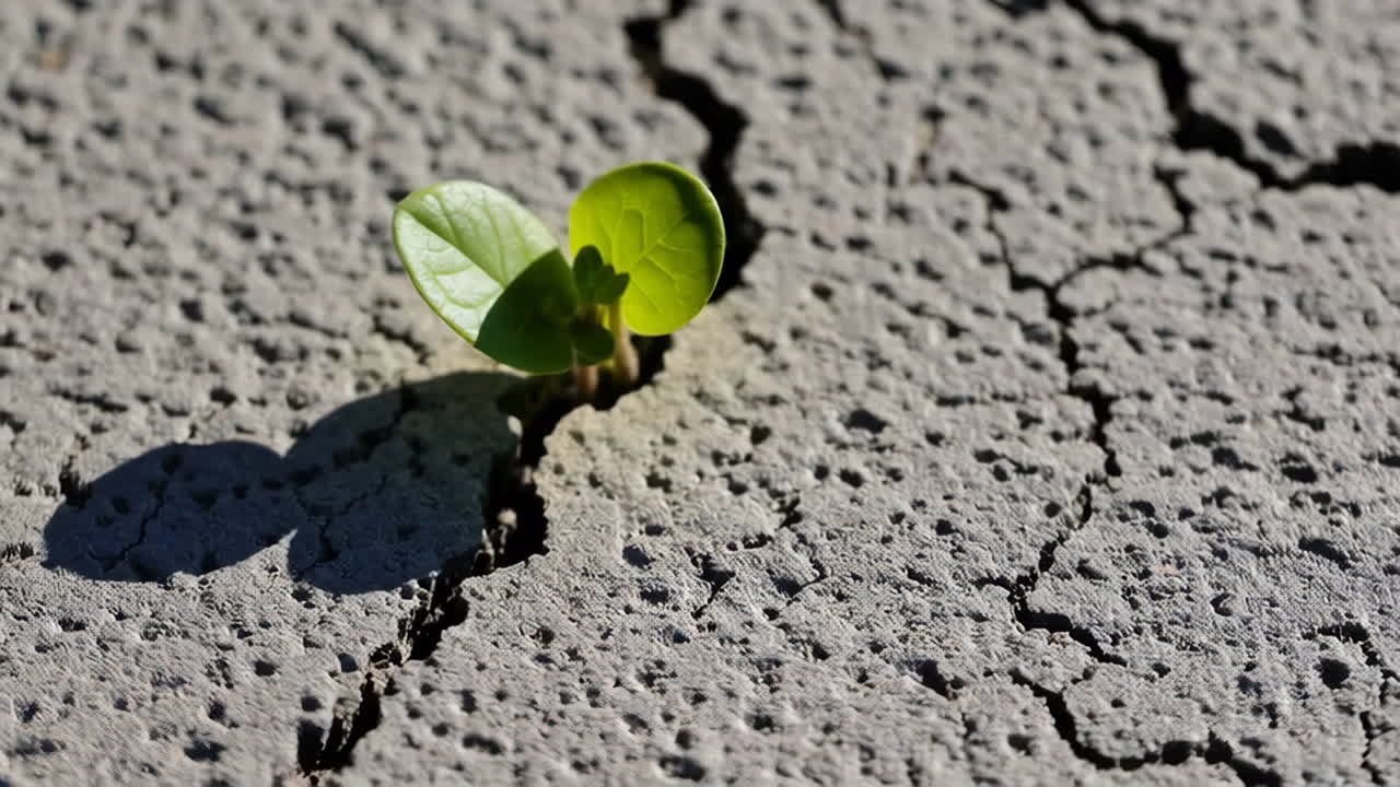 Small Plant Growing Through Cracks in Dry Ground