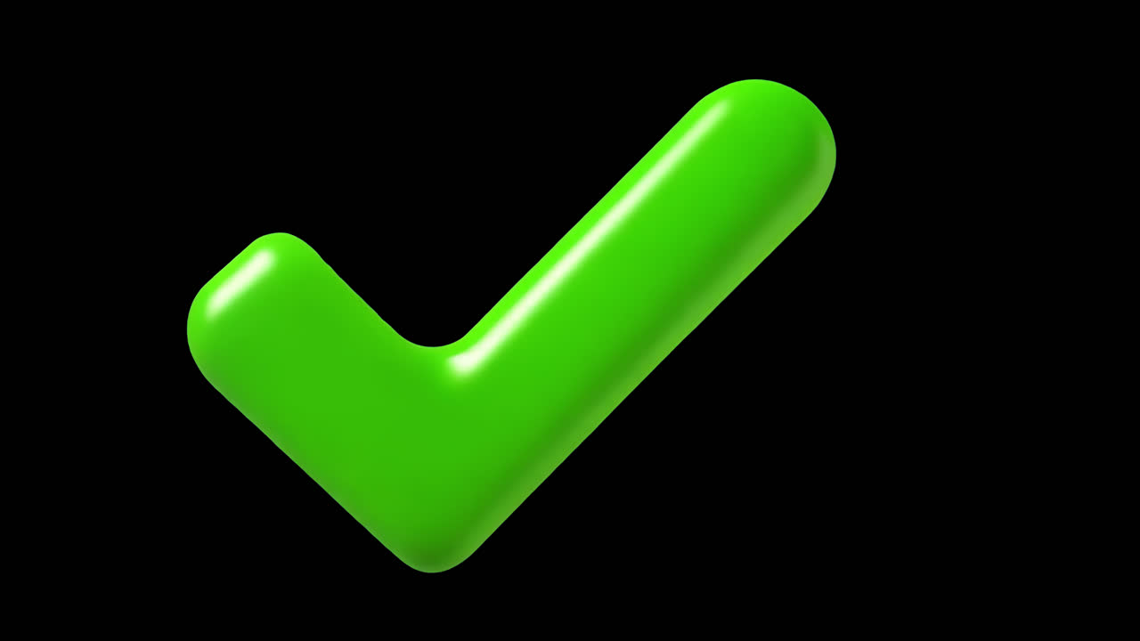 3d green check mark animated overlay, transparent 4K video, alpha channel, ProRes 4444