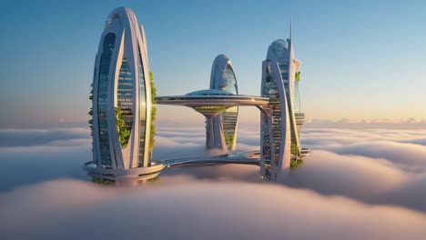 futuristic eco-city floating above clouds