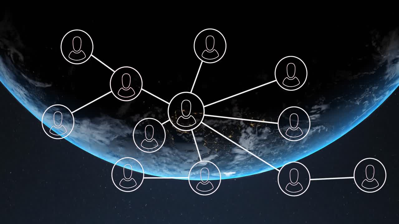 Animation of network of connections with icons and data processing over globe