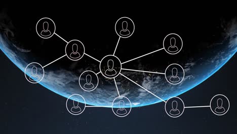 animation of network of connections with icons and data processing over globe