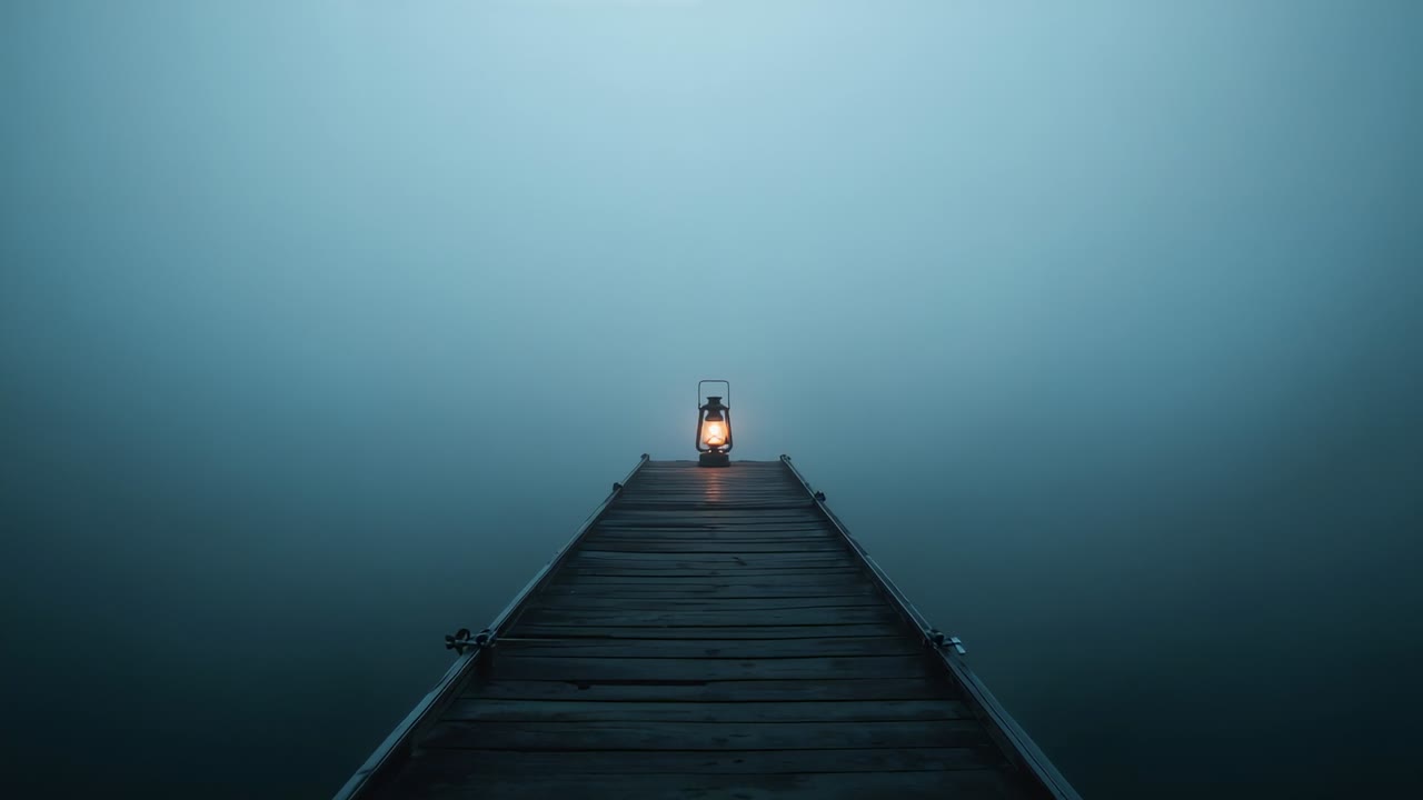 Opening frame showing flickering lantern casting warm light on wet pier, guiding over foggy water