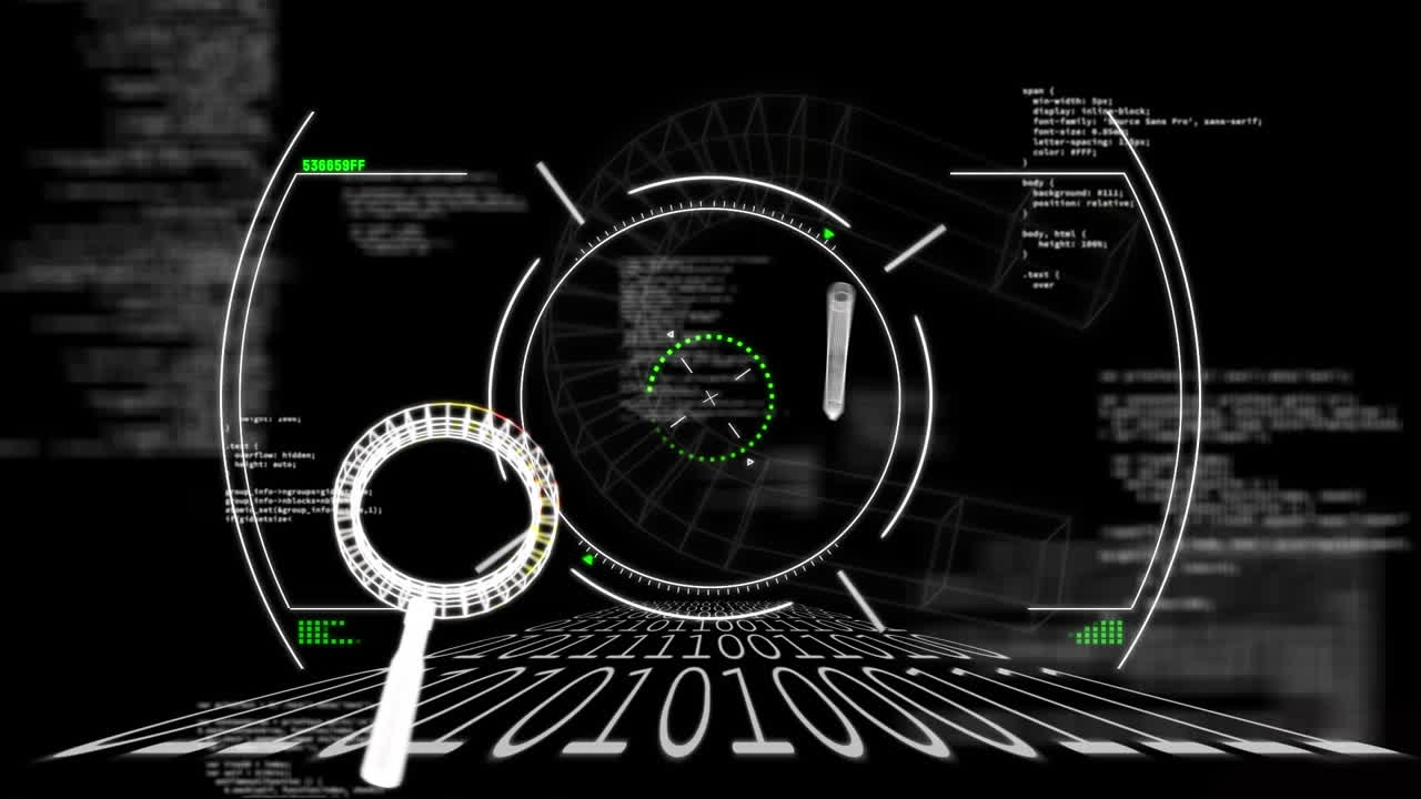 animación de escaneo de alcance sobre íconos y procesamiento de datos en fondo negro