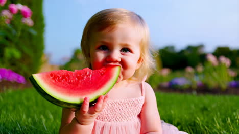 cute baby enjoying watermelon in a grassy garden