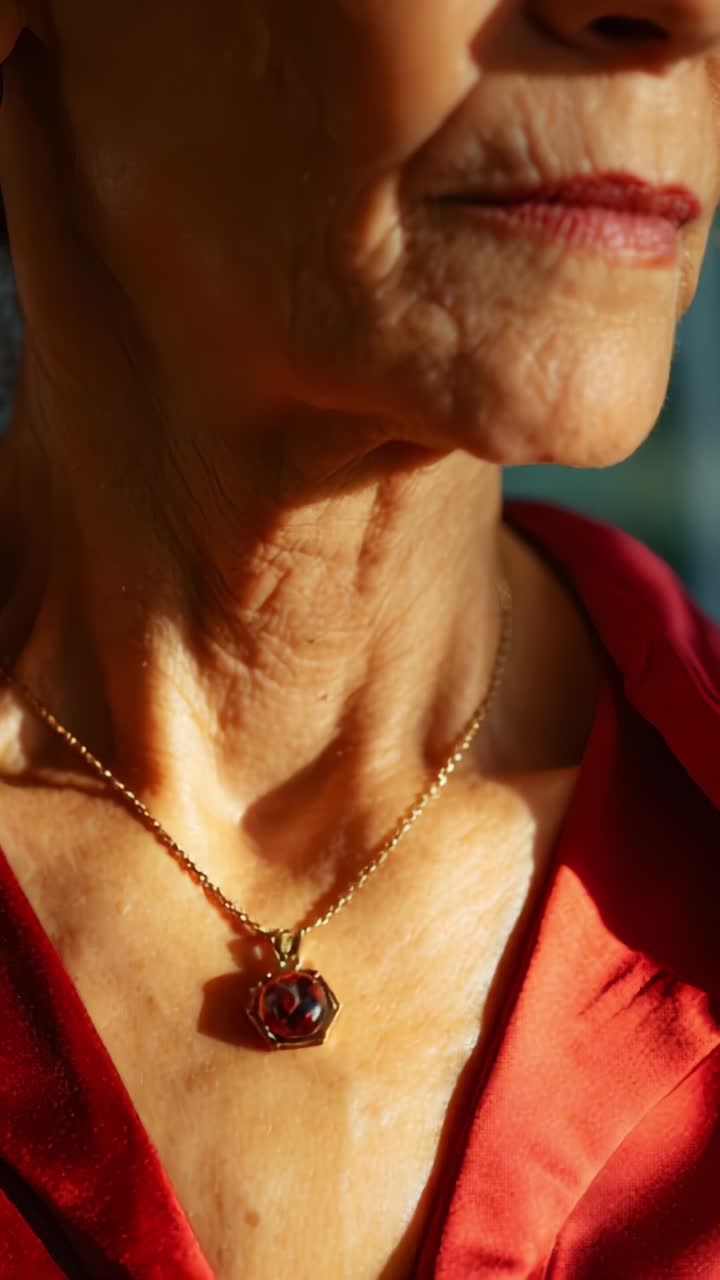 Primo piano di una donna matura con gioielli eleganti e pelle luminosa che risaltano i lineamenti e le espressioni in una luce naturale soffusa