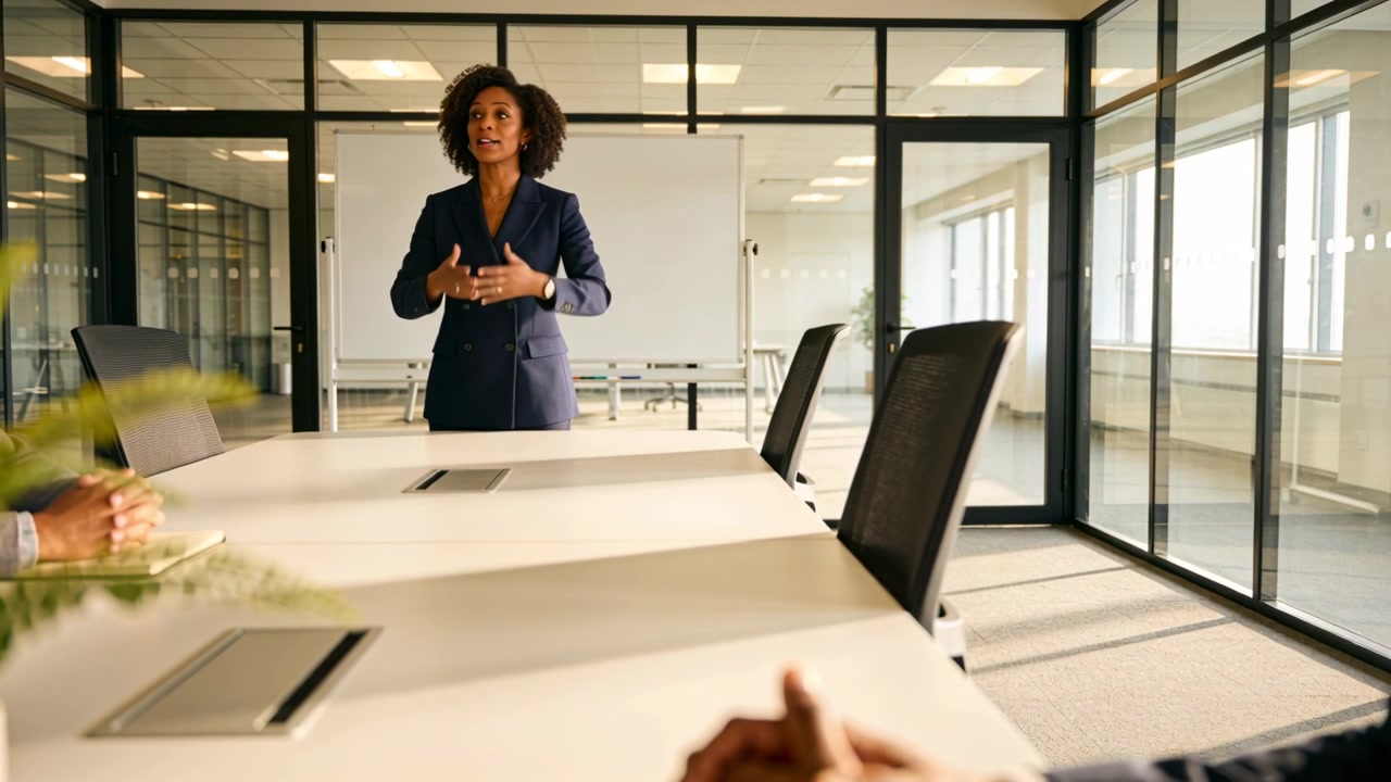 Presenting woman wearing navy blazer leading meeting from meeting start at table, with whiteboard