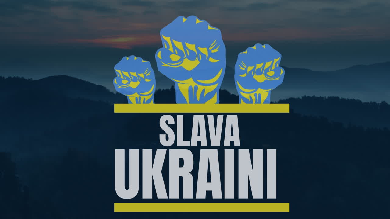 Animazione di Slava Ukraini su paesaggio al tramonto.