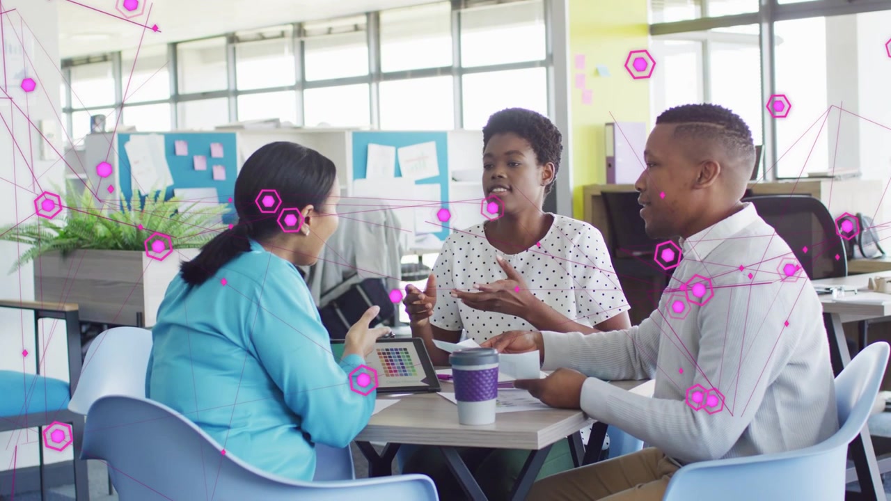Left tapping tablet starting pink hex grid center explaining right passing docs team working on IT