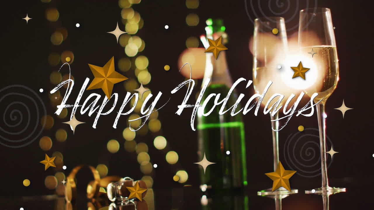 Animation af 'Glædelig højtid' tekst over juledekorationer og champagneglas