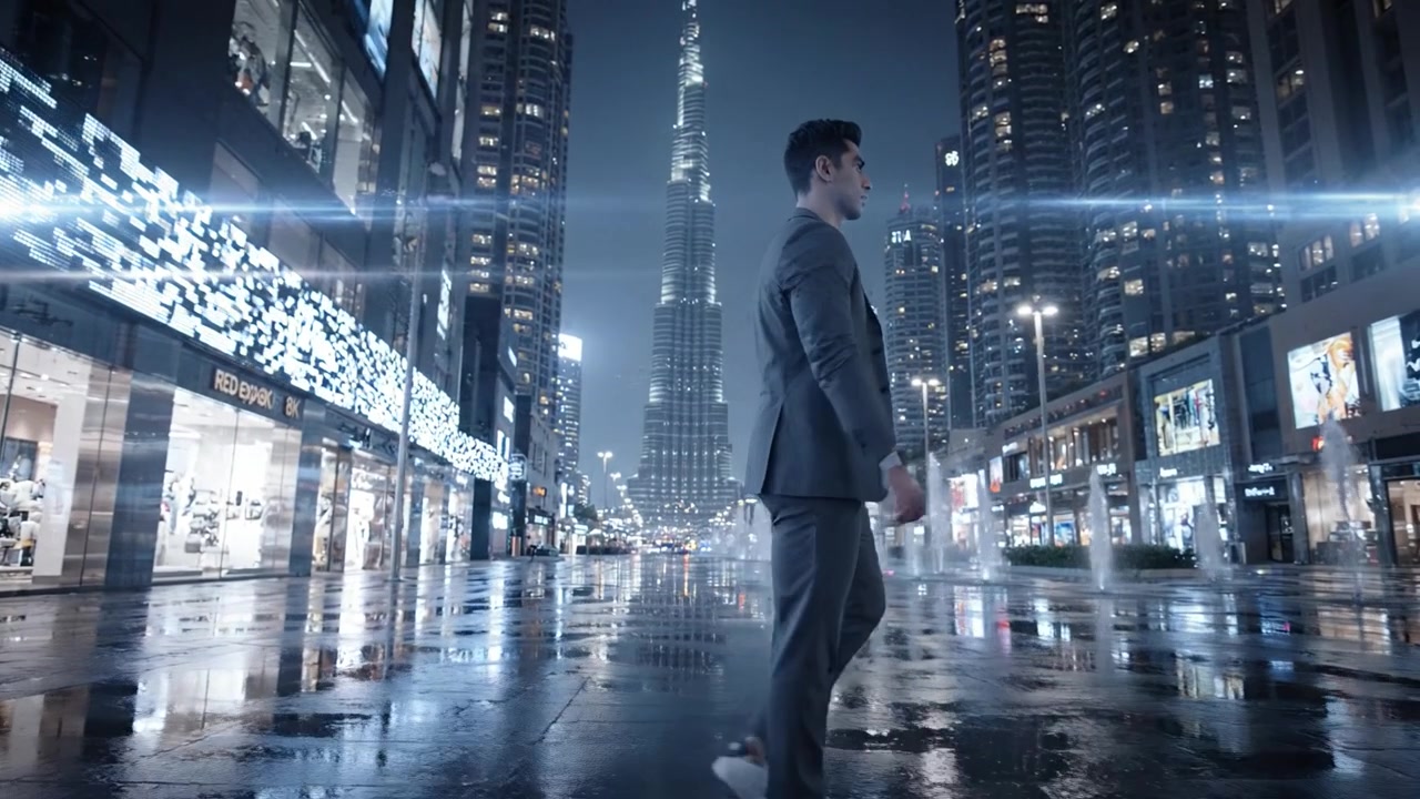 A Man Walking Confidently Through a Futuristic Cityscape at Night with Rain-Soaked Streets and an Imposing Skyscraper in the Background
