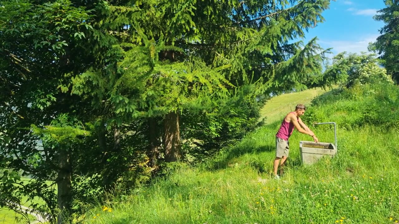 暖かい日、スイスアルプスで、緑豊かな高山牧草地と息をのむような夏の風景に囲まれ、牛用の水飲み場から出る新鮮な山の水で涼む男性。