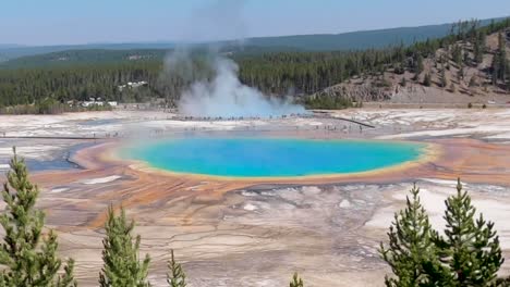 a timelapse from the overlook of the colorful grand prismatic spring in yellowstone national park at noon