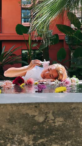 woman relaxing in a garden pool with flowers