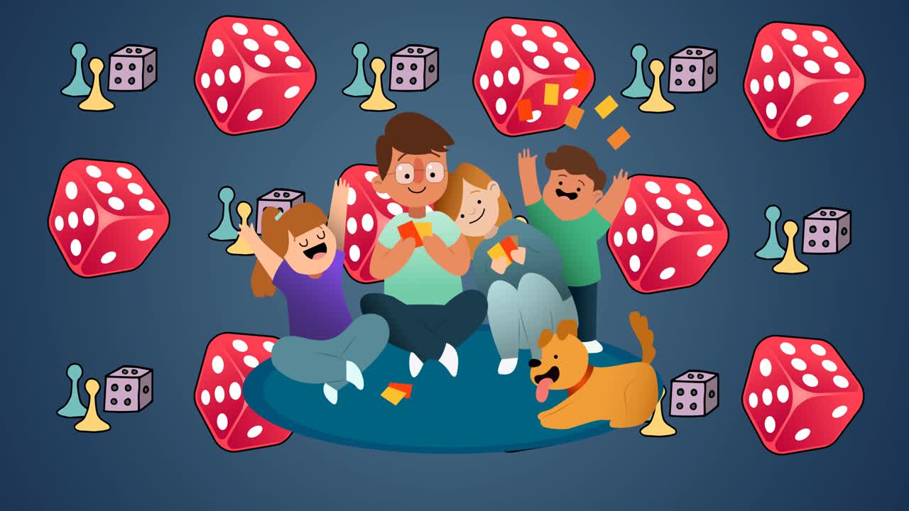 animación de una familia feliz abrazándose sobre un fondo púrpura