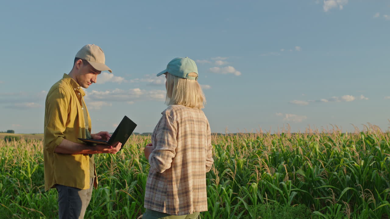 Farmers discussing cornfield data