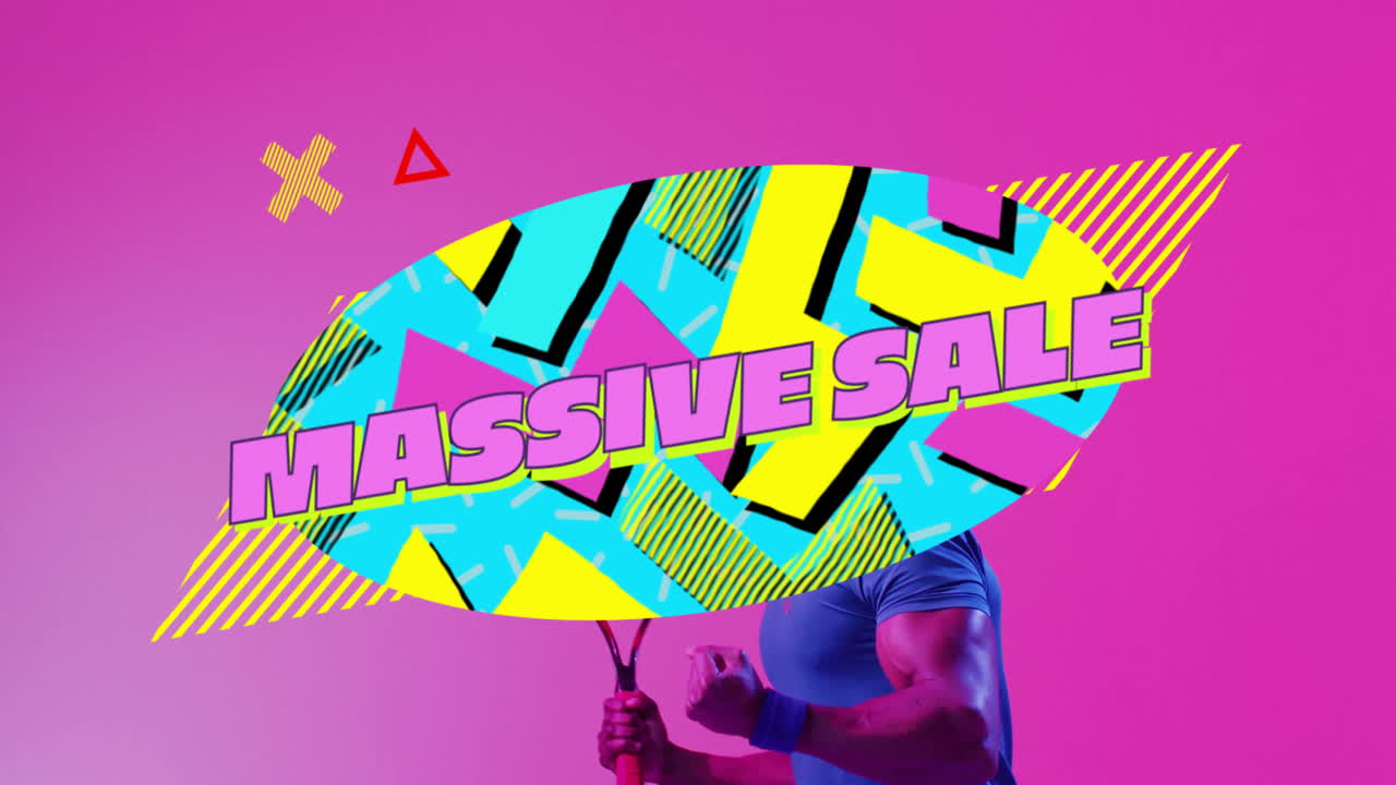 man holding tennis racket against magenta backdrop with retail sale graphics and retro shapes
