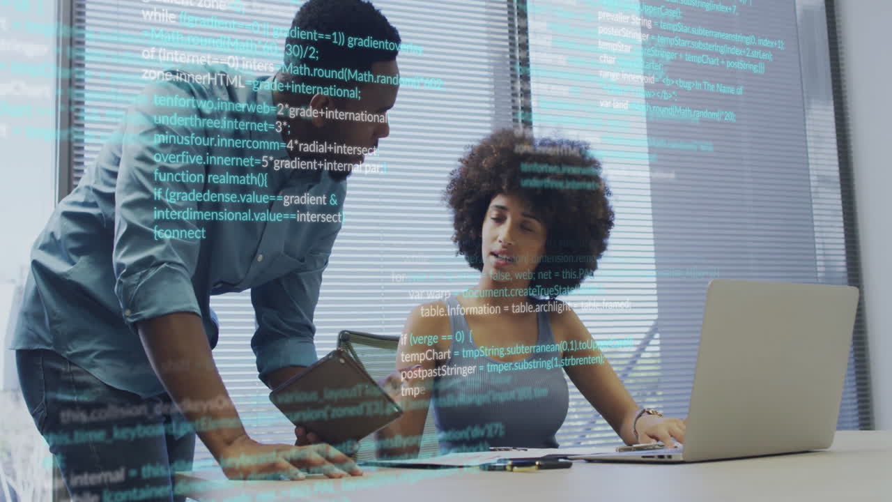 Animation of digital data processing over diverse business people in office