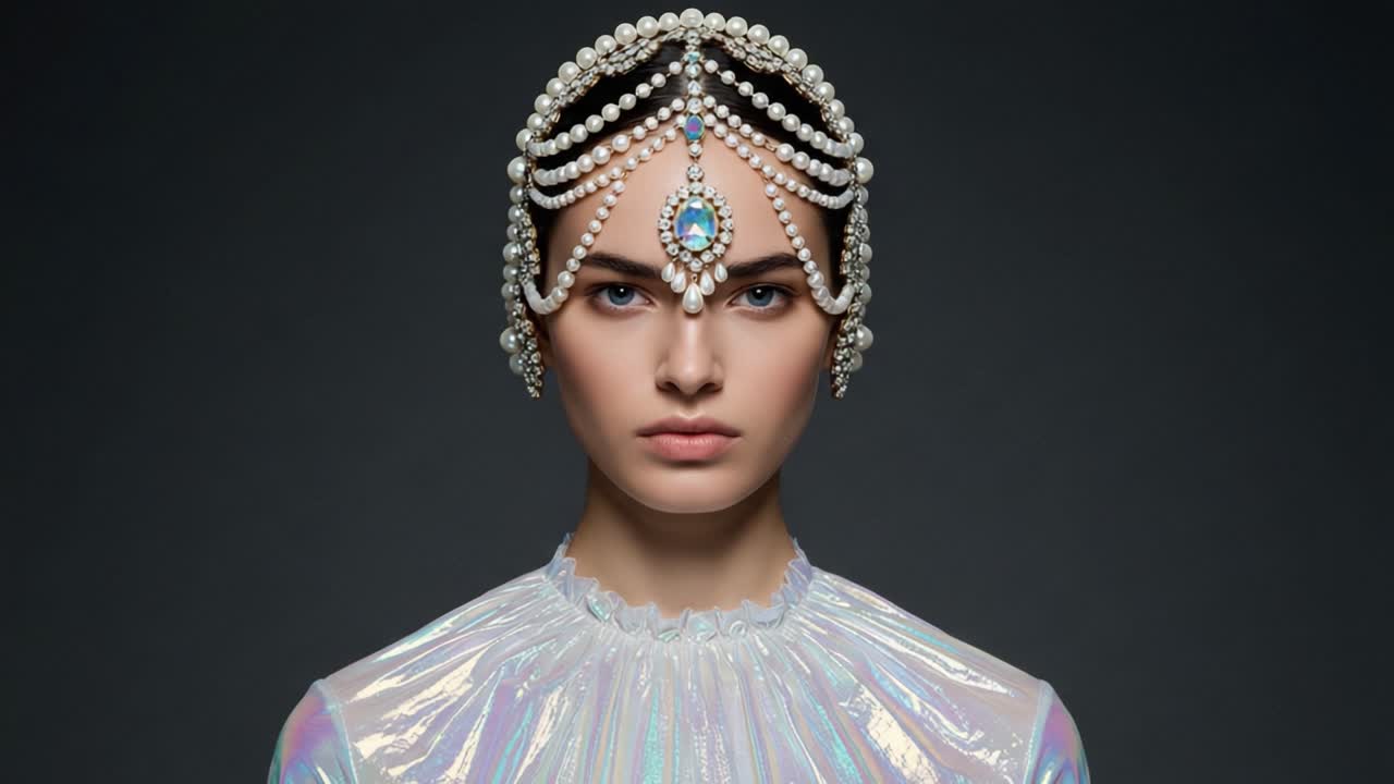 A Stunning Portrait of a Model Showcasing Elegant Jewelry and a Shimmering Sheer Top, Capturing the Essence of Modern Fashion and Individuality in a Striking Visual Presentation