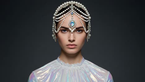 a stunning portrait of a model showcasing elegant jewelry and a shimmering sheer top, capturing the essence of modern fashion and individuality in a striking visual presentation