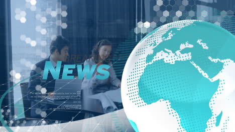 two colleagues presenting business briefing in glass office, overlaying globe and hex grid graphics
