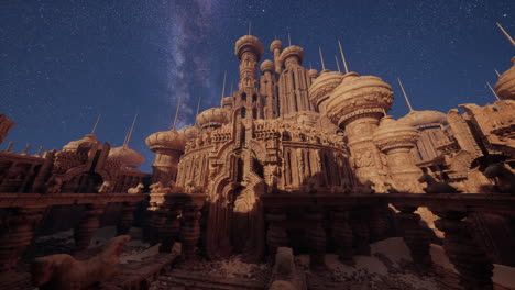 a grand, stone castle stands tall in the desert, illuminated by the milky way.