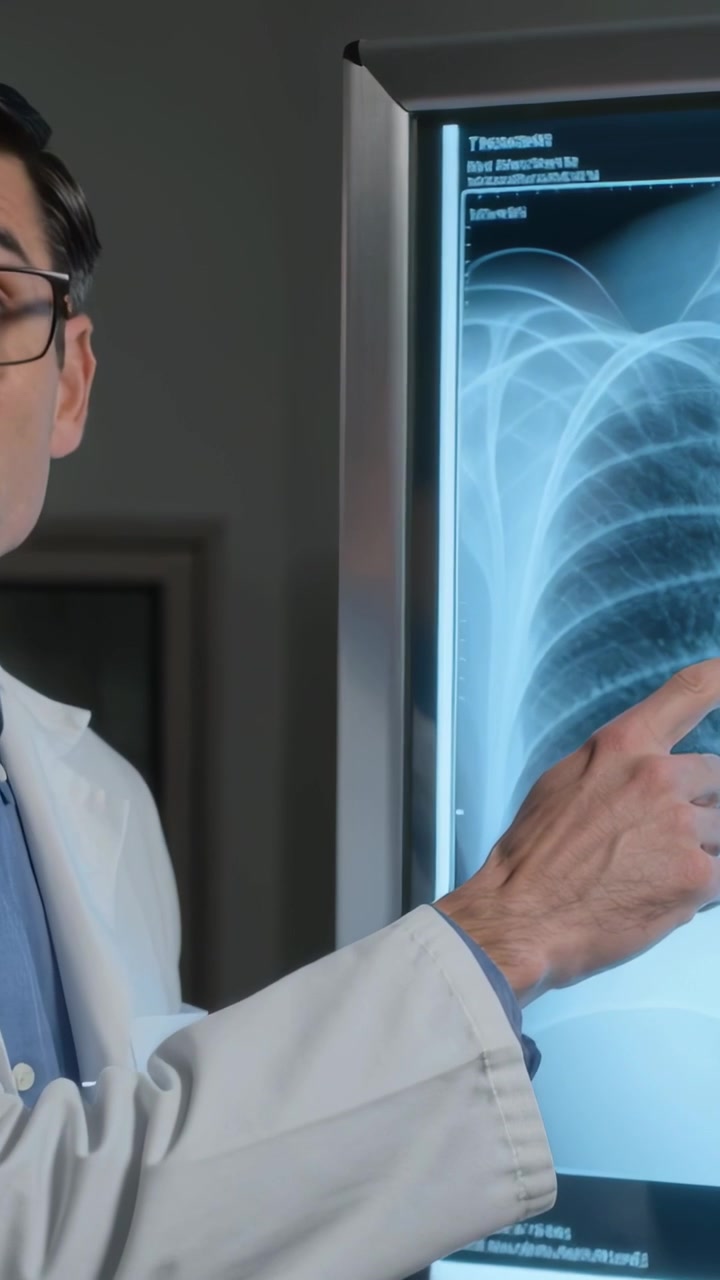 Vertical video: Pointing clinician in lab coat after viewing chest radiograph on viewer, explaining