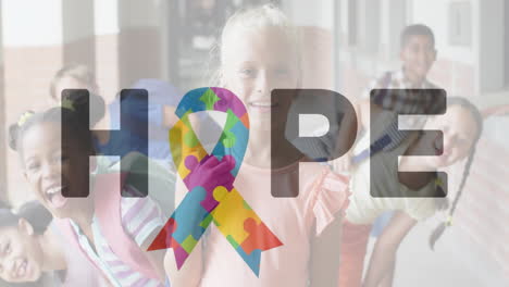 animation of hope text over diverse children smiling