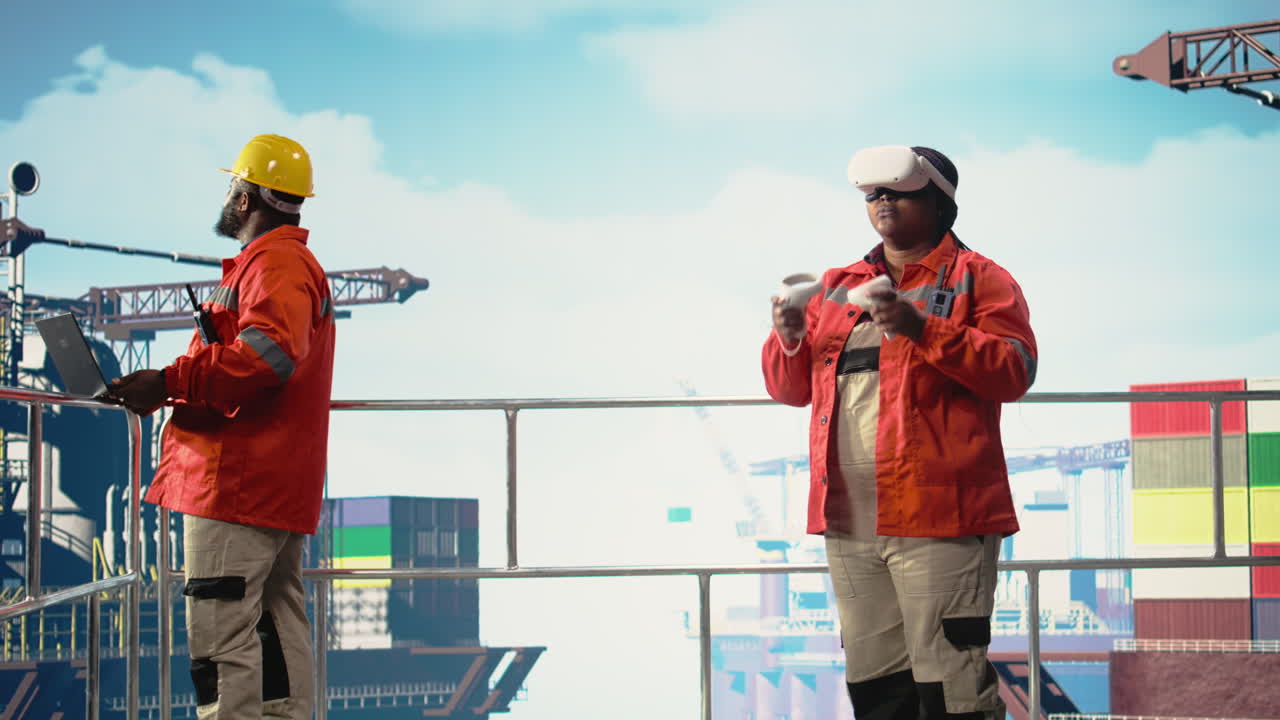 Vertical video Offshore rig technician monitoring operations using VR, doing maintenance