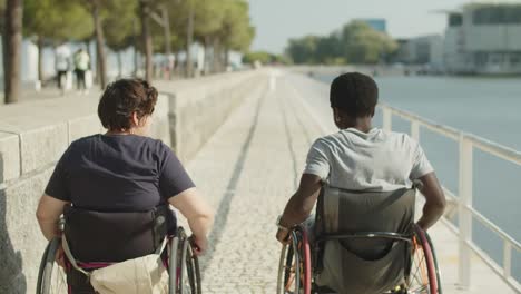 Rear-view-of-happy-couple-with-disability-wheeling-at-quayside