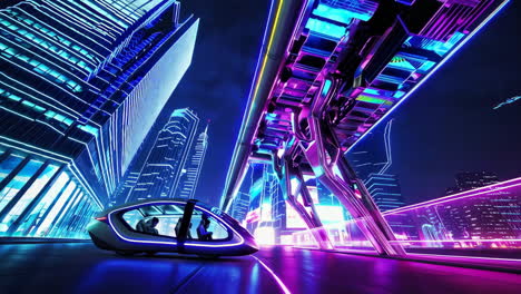 futuristic neon city at night with hovercar