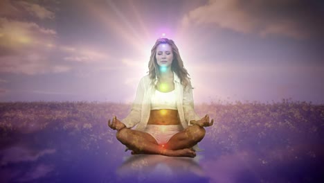 animation of glowing light over woman practicing yoga over forest and sky