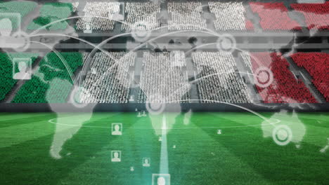 animation of network of connections, world map over italian flag on empty stands in sports stadium