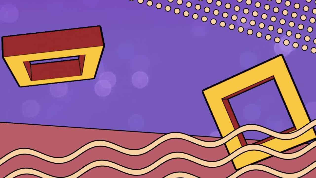 Animation of retro abstract shapes moving on purple background