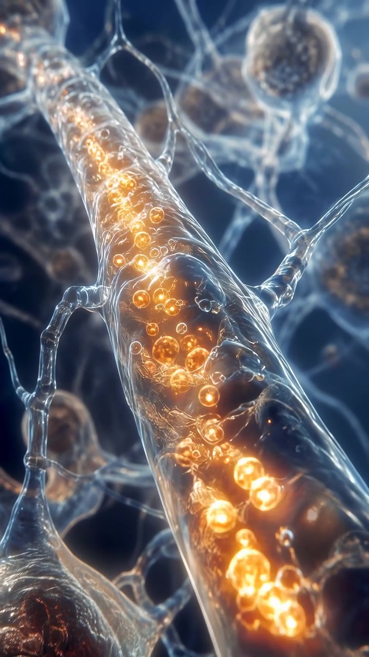 Calde particelle ambrate si muovono e si raggruppano all'interno di un tubo trasparente allungato mentre sottili filamenti ramificati e forme arrotondate riempiono lo sfondo blu freddo con profondità stratificata e dettagli ravvicinati.