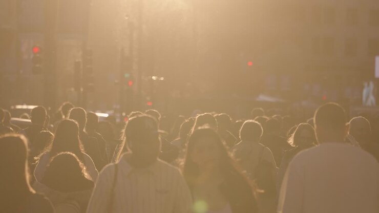 Crowd of people walking in a city street at sunset