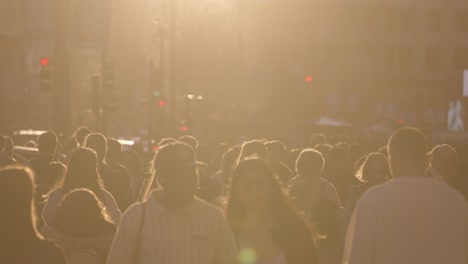 crowd of people walking in a city street at sunset