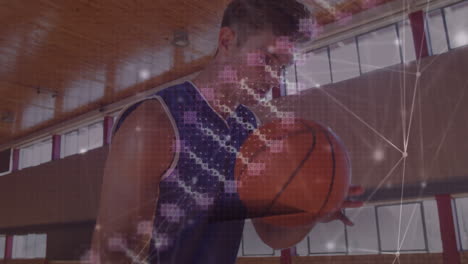 animación de la red de conexiones y cadena de adn sobre un jugador de baloncesto caucásico