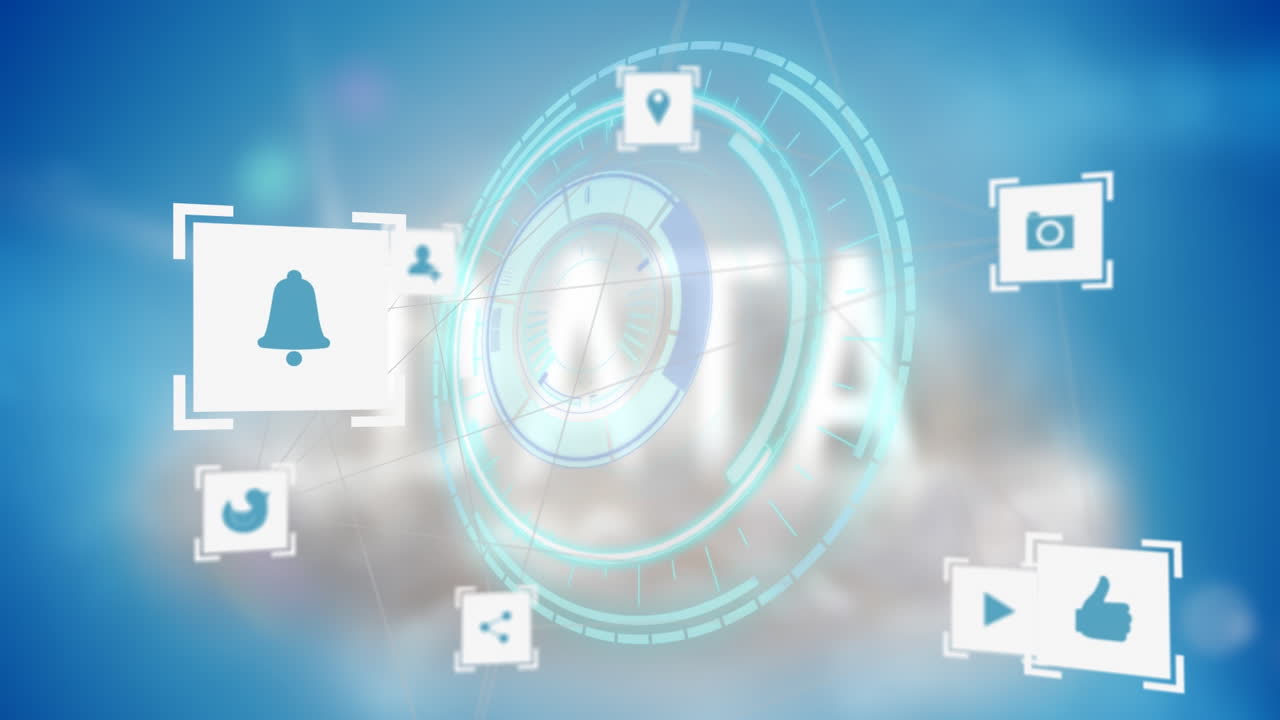 데이터와 함께 파란색 배경 위의 처리 원 위의 아이콘의 애니메이션