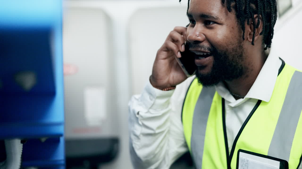 Black man, engineer and phone call