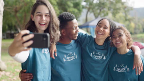 camping, selfie and friends hug for photo