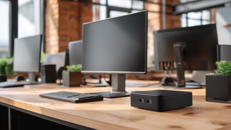 Een moderne werkplek met strakke monitors en minimalistische designelementen, perfect voor productiviteit en samenwerking in een lichte, open omgeving