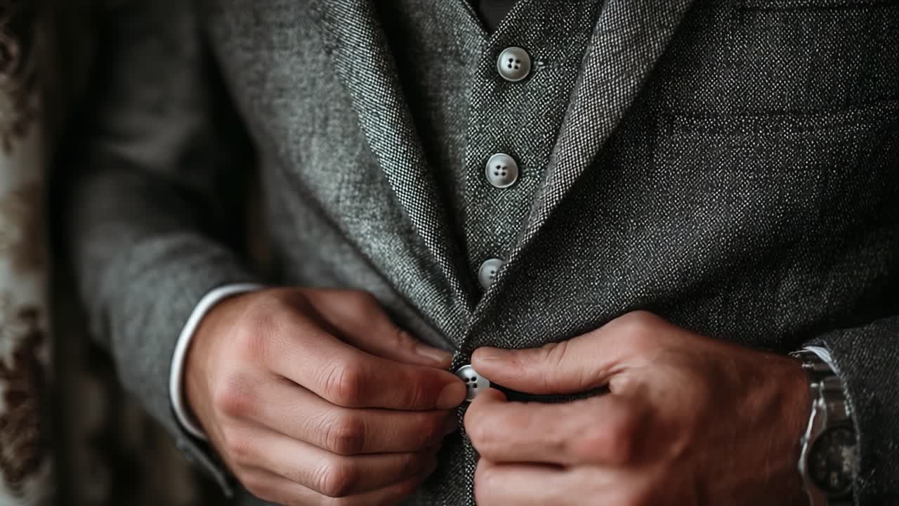 Tampilan Elegan: Detail Jas yang Disesuaikan dengan Apik Menampilkan Kancing Penutup yang Elegan dan Tekstur Kain yang Sempurna untuk Tampilan Penuh Gaya