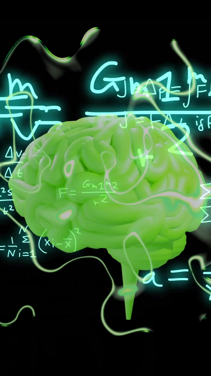 Animation of human brain and mathematical data processing on black background