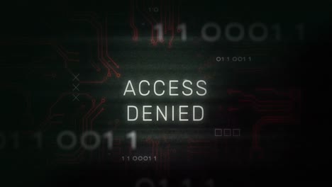 animación de interferencia sobre texto de acceso denegado, procesamiento de datos y placa de circuitos informáticos