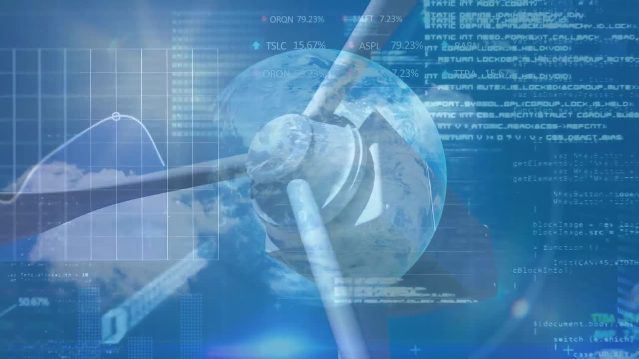 데이터 처리 및 풍력 터빈 위의 지구의 애니메이션