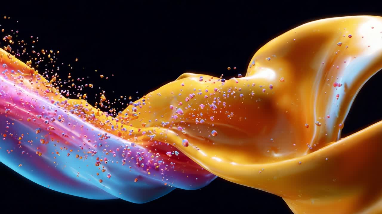 A Captivating Dance of Vivid Colors and Fluid Motion: An Abstract Representation of Beauty and Creativity Through Swirling Paint and Colorful Splashes Against a Dark Background