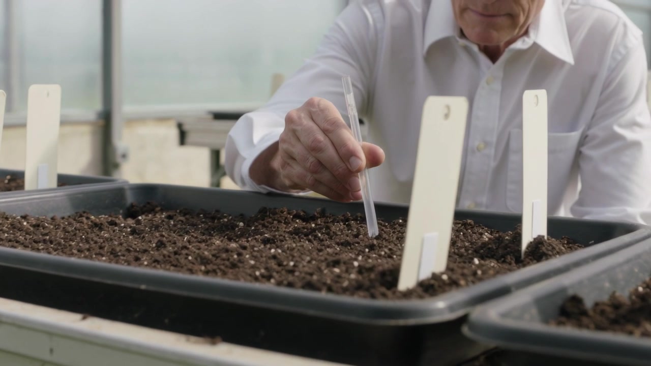 Hand entering with pipette man placing seeds into labeled trays in greenhouse wearing shirt